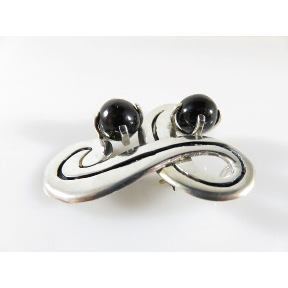 Fetching Modernist Swirling Silver & Onyx Brooch Pendant Taxco TC Conjoined Old - Picture 5 of 8